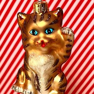 Polish Glass Christmas Gold Kitty Cat Ornament Brown Stripes Glitter